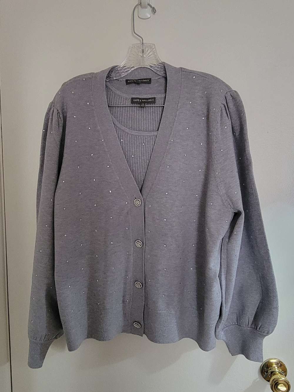 Kate & Mallory Gray Embellished V-Neck Cardigan Sweater With Matching Shell